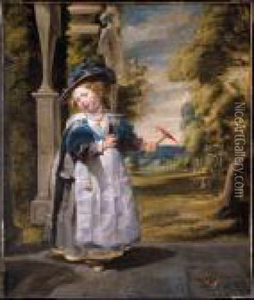 Portrait Of The Painter's 
Daughter Anna Catharina, Full Length, Standing On A Terrace Holding Her 
Pet Finch Oil Painting - Jacob Jordaens