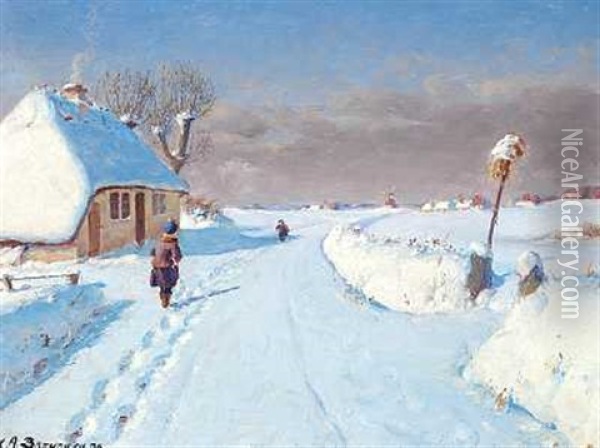 Solbeskinnet Landevej I Udkanten Af En Landsby, Vinter Oil Painting - Hans Andersen Brendekilde