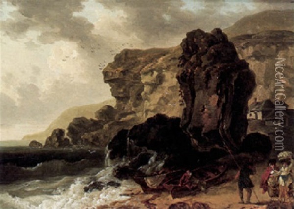 Coastal Landscape With Cliff Dene, Steephill Cove, Isle Of Wight Oil Painting - Julius Caesar Ibbetson