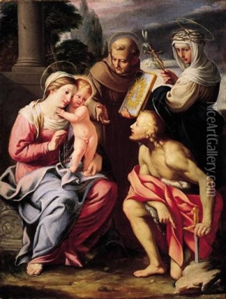 The Madonna And Child With Saints Catherine And Bernardino Of Siena, Together With Saint Galgano Oil Painting - Deifebo Burbarni