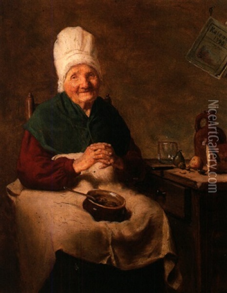 Portrait Einer Alten Frau In Tracht In Kargem Interieur Oil Painting - Julius Schoppe the Younger