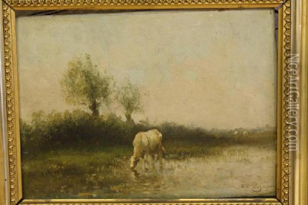 Koe In Drenkplaats Oil Painting - Hermanus Charles Christiaan Bogman