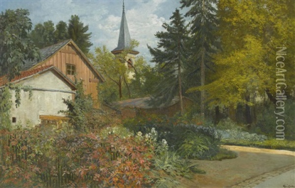 Haus Mit Garten Und Kirchturm Oil Painting - Francois Adolphe Grison
