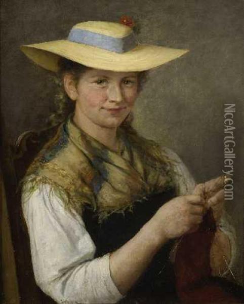 Strickende Junge Frau. Oil Painting - Carl Von Bergen