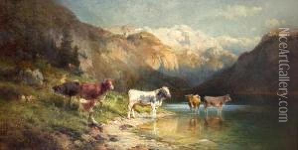 Berglandschaft Mit Viehherde Oil Painting - Karl Julius Rose