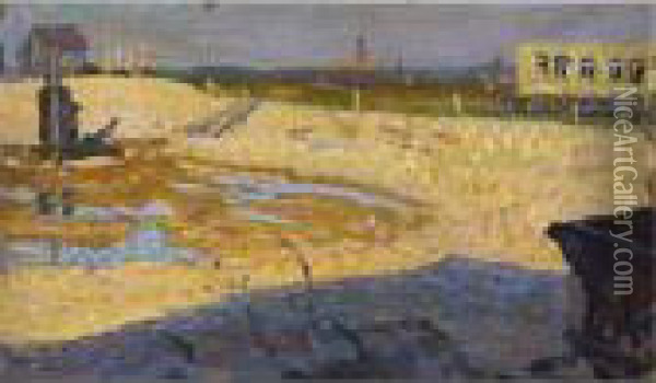Landschap Met Zandvlakte En Bebouwing, Karretje Op De Voorgrond Oil Painting - Leo Gestel