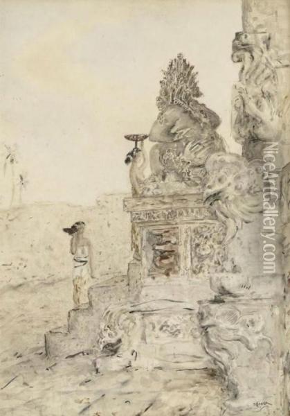 Balinese Women With Offerings At The Templegate Bali Oil Painting - Marius Bauer