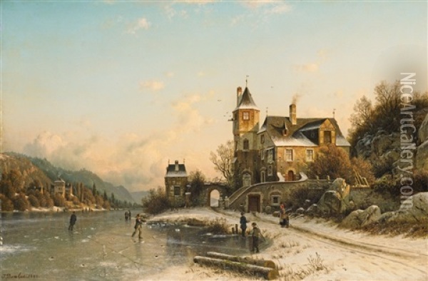 Winter Landscape With Frozen River Oil Painting - Johannes Bartholomaeus Duntze