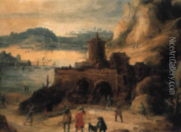 A Rocky Landscape With Soldiers By A Coastal Fort Overlooking A Port Oil Painting - Joos de Momper the Younger