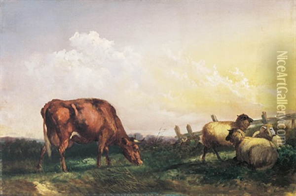 Weidelandschaft Mit Kuh Und Schafen Neben Gatter. Prachtvolle Morgendliche Beleuchtung Oil Painting - Robert Payton Reid