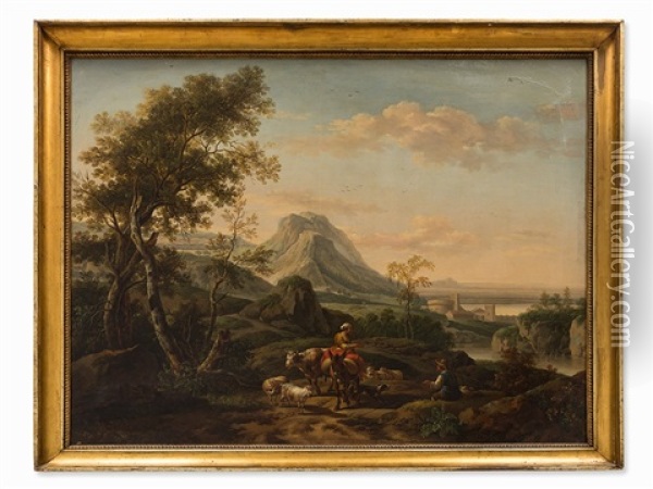 Herdsmen In A Southern Landscape Oil Painting - Joseph Roos