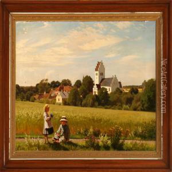 Two Children Picking Flowers Near Herfolge Church Oil Painting - Ludvig Kabell