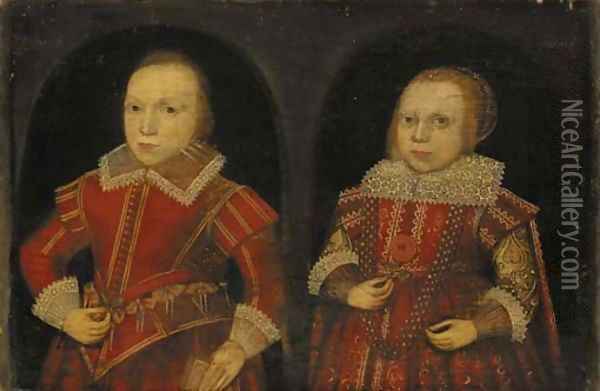Double portrait of a boy aged eight and a girl aged six Oil Painting - English School