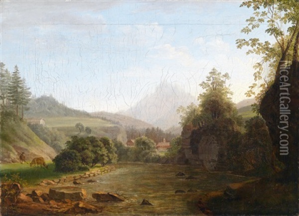 Flusslandschaft Mit Hirten Oil Painting - Johann George Schedler