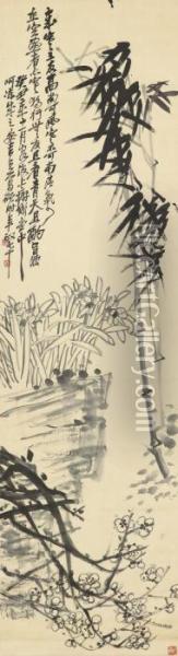 Flowers And Bamboo Oil Painting - Wu Changshuo