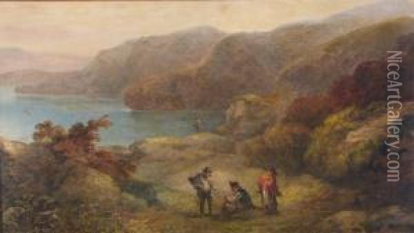 Figures On A Coastal Clifftop Path Oil Painting - John Joseph Barker Of Bath