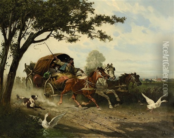 Dreispanniger Zigeunerwagen In Rasanter Fahrt Oil Painting - Hans (Johann) Haag