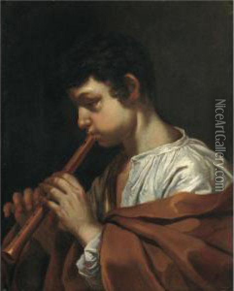 A Young Boy, In Profile, Playing A Pipe Oil Painting - Johann Karl Loth
