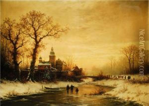 Winterlandschaft Mit Schloss
 Und Jagdgesellschaft Oil Painting - Georg Schmitz