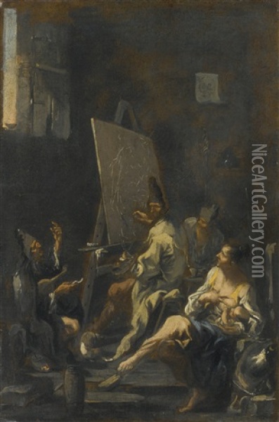 An Artist At An Easel And Other Figures In An Interior Oil Painting - Alessandro Magnasco