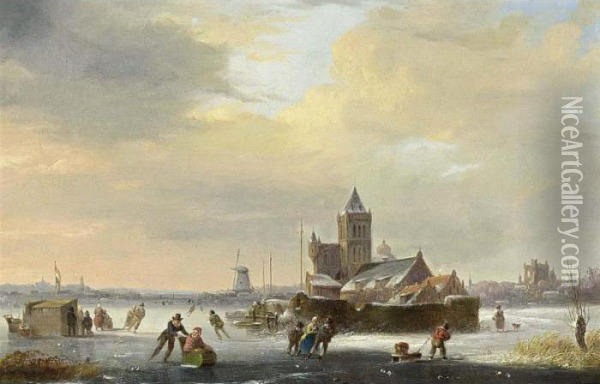 A Winter Landscape With Skaters On A Frozen River Oil Painting - Jacobus Van Der Stok