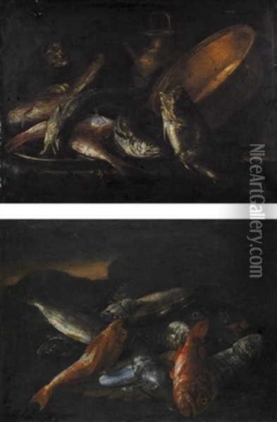 Still Life Of Salt Water Fish With Kitchen Vessels, Guarded By A Cat (+ Still Life Of Salt Water Fish And Squid In A Landscape; Pair) Oil Painting - Giuseppe Recco
