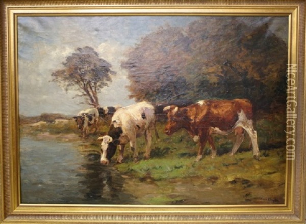Koeien Aan De Waterkant Rechtsonder Get Oil Painting - Fedor Van Kregten