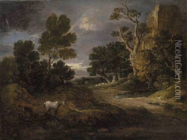 Wooded Landscape With A Ruined Tower, Woodcutter, Horse And Sheep Oil Painting - Gainsborough Dupont