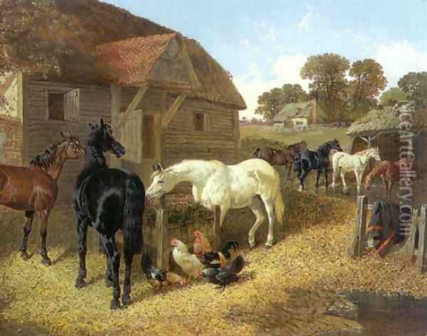 Farm Animals, Horses and Chickens in Farmyard Oil Painting - John Frederick Herring Snr