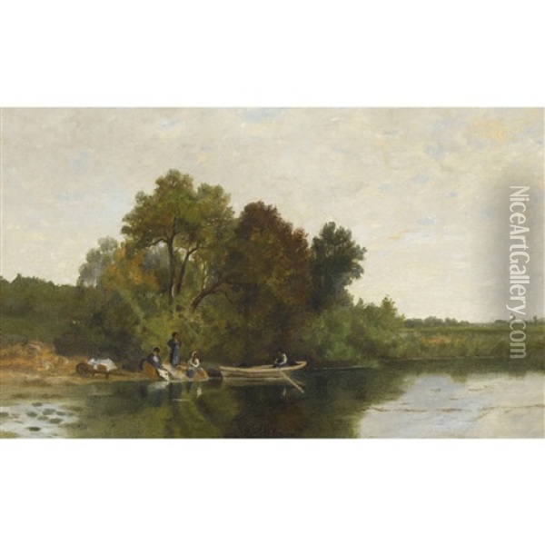 Flusslandschaft Mit Frauen Und Ruderboot Oil Painting - Germain Fabius Brest