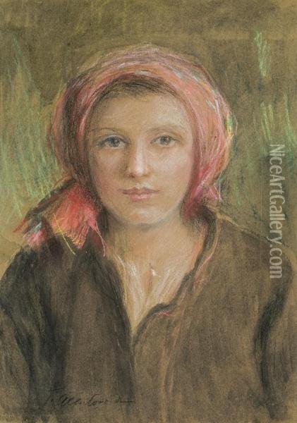 Girl In Red Scarf Oil Painting - Teodor Axentowicz