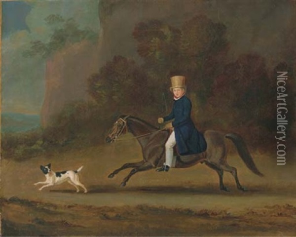 Henry, 3rd Earl Of Lonsdale, On A Grey Pony, With A Terrier Oil Painting - John E. Ferneley