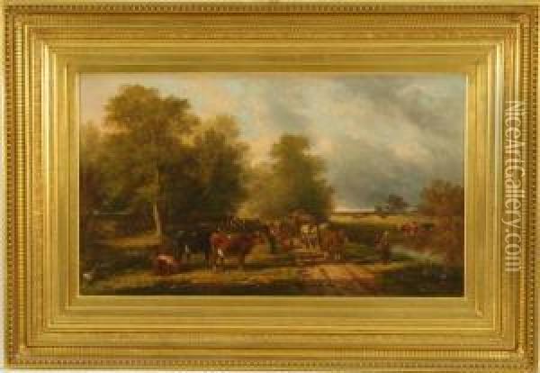 Roadside Landscape With Cattle In A Meadow And Numerous Figures Near A Hay Wagon Oil Painting - Edmund Aylburton Willis