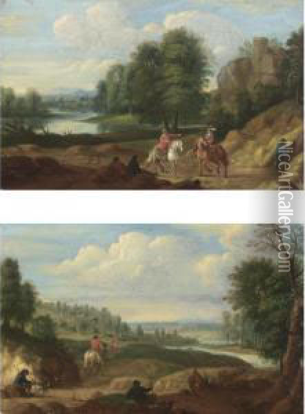 River Landscapes With Cavaliers On A Tracks Oil Painting - Jan Baptist Huysmans