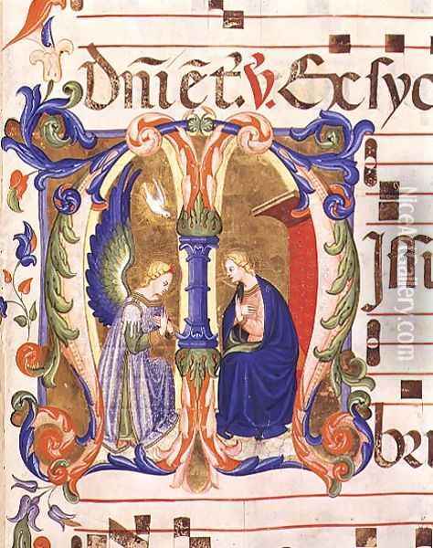 Ms 572 f.147r Historiated initial 'M' depicting the Annunciation from an antiphon from Santa Maria del Carmine, Florence Oil Painting - Don Simone Camaldolese