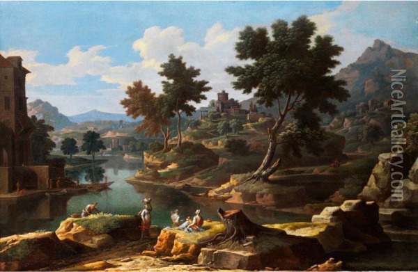 Italienische Landschaft Mitwascherinnen, Fischern Und Burg Oil Painting - Etienne Allegrain