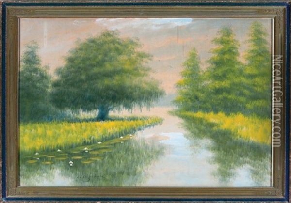 Cypress Trees And Lone Live Oak Tree, Louisiana Bayou Oil Painting - Alexander John Drysdale