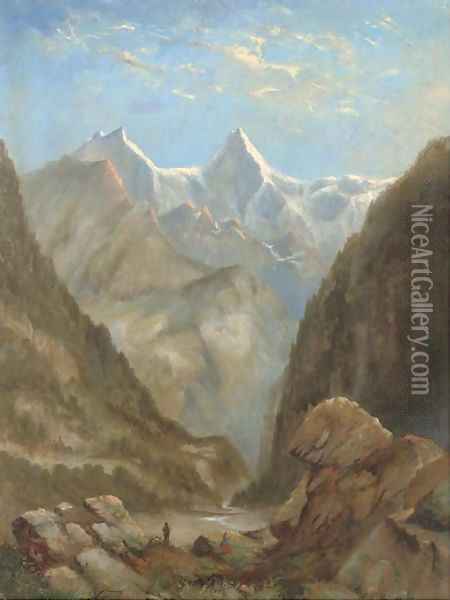 Figures in an Alpine landscape Oil Painting - Alexander Calame