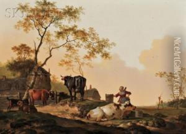 Pastoral Scene With Peasant And Animals In A Farmyard Oil Painting - Barent Hendrik Thier