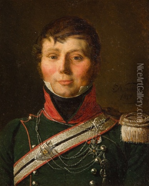 Portrait Of The Captain Of The First Chasseurs Regiment Oil Painting - Jean-Pierre Norblin De La Gourdaine