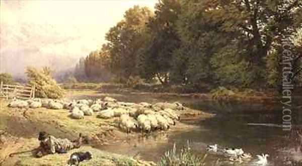 Shepherd and his Flock by a River Oil Painting - Myles Birket Foster