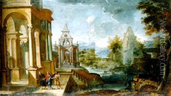 An Extensive Landscape With Christ On The Road To Emmaus Oil Painting - Giovanni Paolo Panini