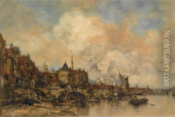 A View Of The Buitenkant With The Schreierstoren, Amsterdam Oil Painting - Jacob Henricus Maris