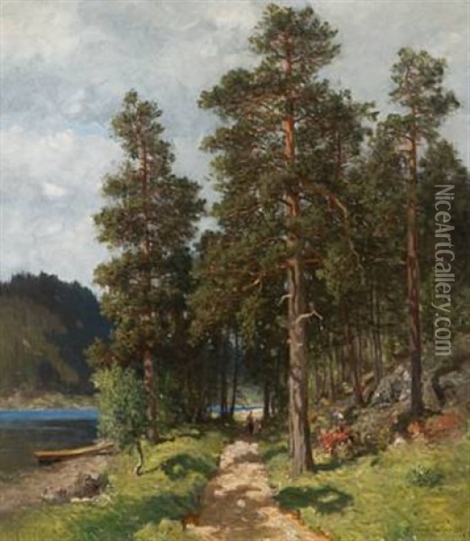 Furuer Ved Skogssti Oil Painting - Morten Mueller