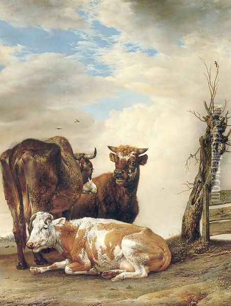 Two Cows & a Young Bull beside a Fence in a Meadow 1647 Oil Painting - Paulus Potter