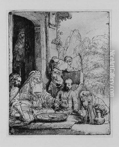 Abraham Entertaining The Angels (b., Holl.29; H.286; Bb.56-b) Oil Painting - Rembrandt Van Rijn