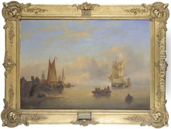 Fishing Boats And A Sailing Ship Off The Dutch Coast (fischerboote Und Ein Segelschiff Vor Der Hollandischen Kuste) Oil Painting - Govert Van Emmerik