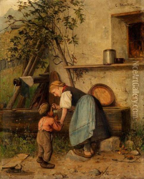 Kleines Madchen Und Knablein Am Wassertrog Vor Dem Haus Oil Painting - Emil Strecker
