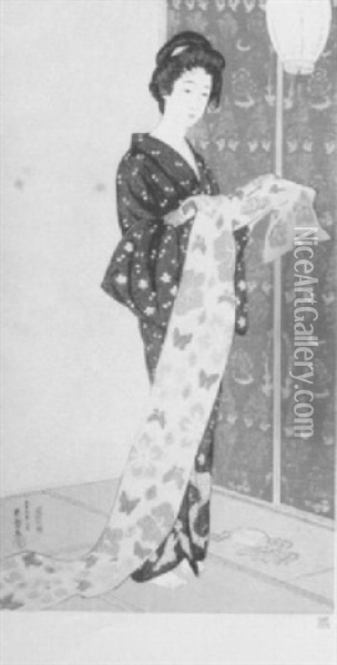 A Full Length Portrait Of A Beauty In A Summer Kimono Oil Painting - Goyo Hashiguchi