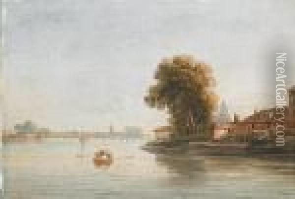 The River Thames At Battersea With St Mary's Church In The Distance Oil Painting - John Varley
